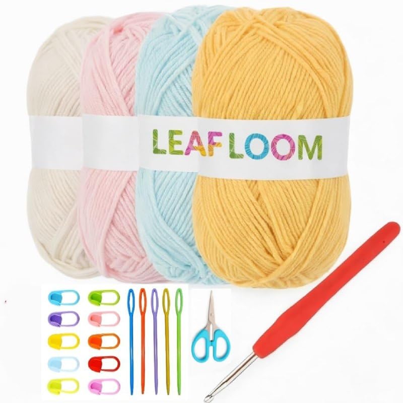 Image of Crochet Set, Premium Wool Yarn Crochet Kit for Knitting - 4 Multicolor Soft Acrylic Yarn Balls with Crochet Hook, Tapestry Needles & Stitch Markers | DIY Craft Yarn for Beginners & Professionals (15g x 4)