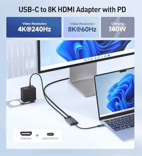 Cable Matters Adapter USB C na HDMI 2.1 48 Gb/s z ładowaniem 140 W do MacOS, Windows, obsługuje [4K przy 240 Hz/8K przy 60 Hz HDR], adapter Thunderbolt 4 na HDMI, kompatybilny z MacBookiem, laptopami