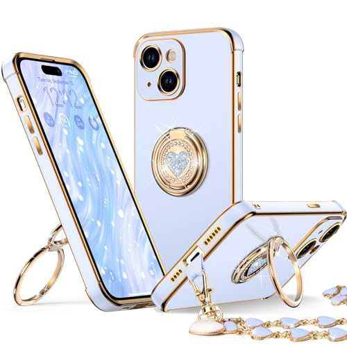 XYZ for iPhone 15 Case with Stand, Phone Case with Double Ring Kickstand, Women Girls Bling Luxury Protective Case Heart for iPhone 15, Blue