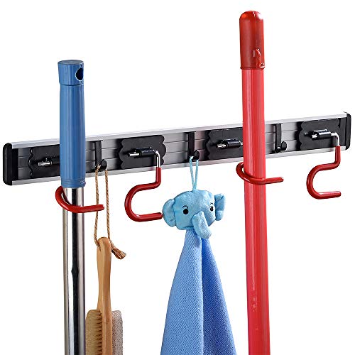 Cavoli Mop Broom Holder Wall Mounted S Type,Garage Storage Holds Up to 7 Tools and Over 50 pounds 17.5 Inches,Base Made by Aluminum Metal (4 Positions and 3 Hooks) -  43219-17557