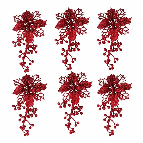 Skystuff Red Flowers for Christmas Tree, Red Poinsettia Christmas Decorations, Glitter Artificial Poinsettia Flowers Christmas Tree Ornaments for New Year Ornaments Xmas Garland Wreath Decorations