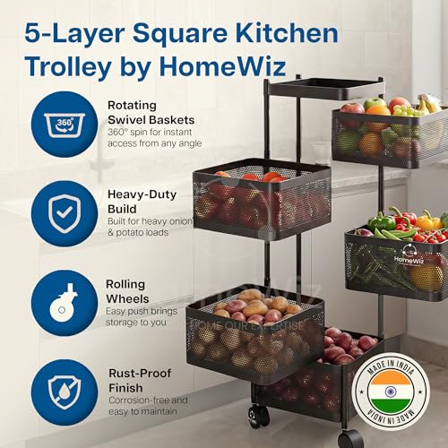 Image of HomeWiz Square Kitchen Rack 5- Layer | Lifetime Usage Heavy Duty Steel Trolley | Kitchen Storage | Onion Potato Rack For Kitchen | Multipurpose Storage Rack for Fruits & Vegetables | Rust-Free Forever