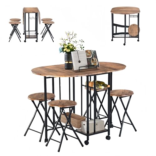 GOKHOMX Mesa de comedor con 4 sillas, mesa de cocina, pequeño espacio con 4 sillas plegables, mesa plegable con espacio de almacenamiento para restaurante, terraza y balcón jardín (marrón rústico)