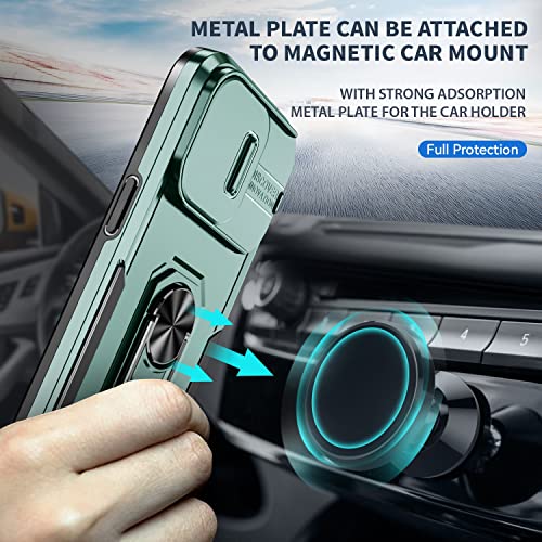 Image of ShieldTech Back Cover Case Compatible for Apple iPhone 15 with Slide Camera Cover & Rotated Ring Stand | Military Grade Mobile Phone Cover Case for Apple iPhone 15 (Green)