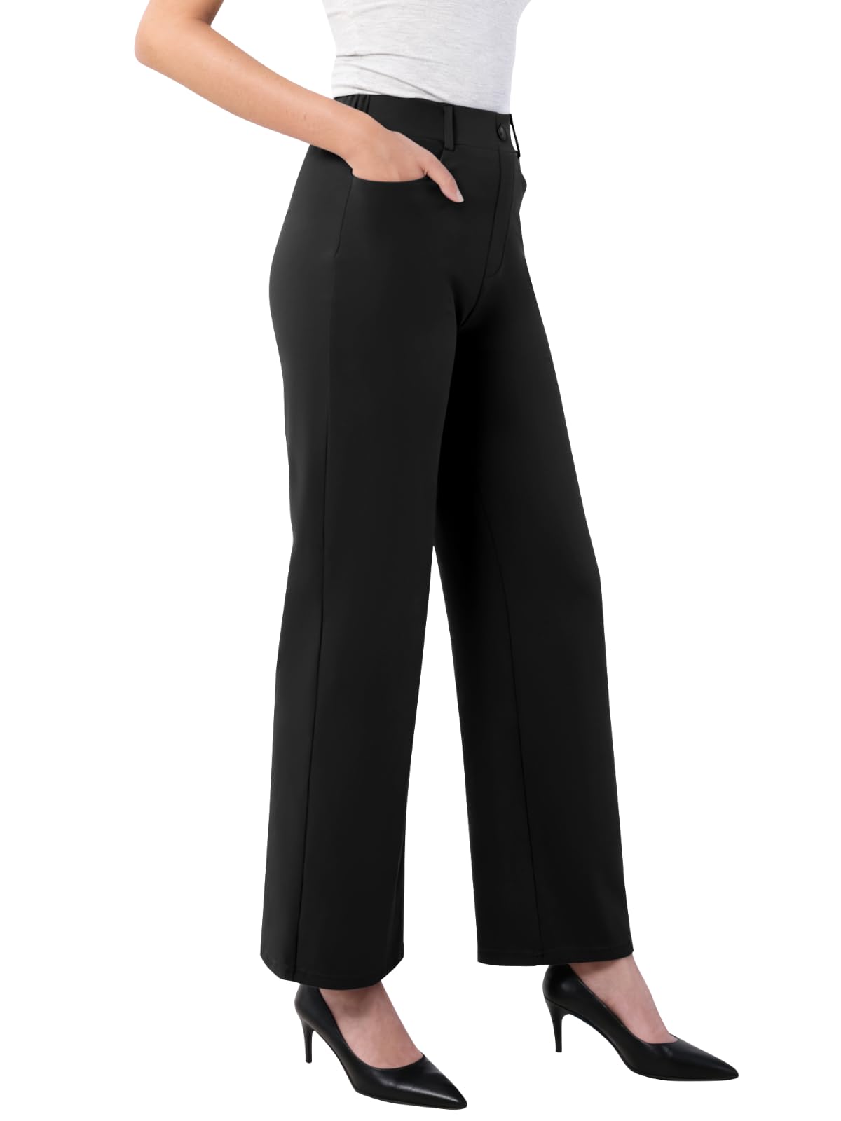 Glacspyg Damen Hohe Taille Straight Freizeithosen Elastische Business Arbeitshosen Elegante Stretch Weite Hosen mit Taschen