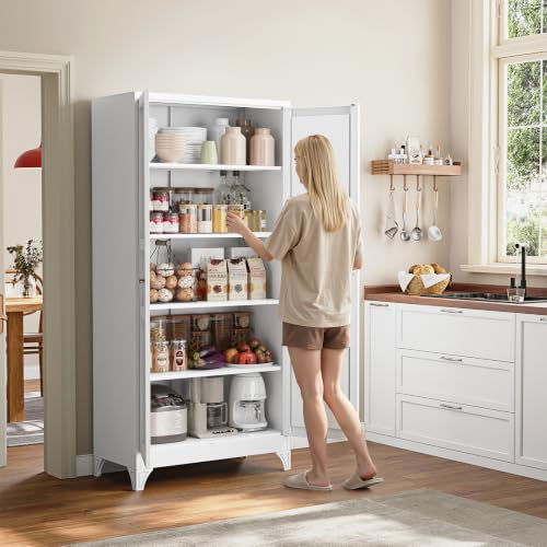 Image of Yizosh Metal Storage Cabinet with 2 Doors and 4 Adjustable Shelves - 71 inch White Kitchen Pantry Storage 4-Tier Tall Steel Cabinets Locker for Kitchen, Living Room, Dining Room