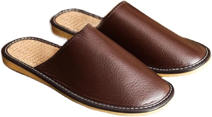 Leather Slippers For Men Indoor Outdoor,Fashion Non-Slip Home Slippers,Unisex Genuine Leather Slippers Flat House Shoes Closed Toe Slip On Outdoor Indoor Color Brown, Size EUR41-42