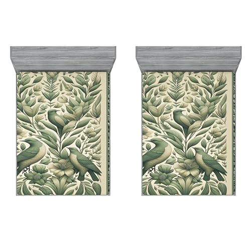 Ambesonne Birds and Nature 2 Pack Fitted Sheet, Wings Leafy Floral, Bed Cover All-Round Elastic Deep Pockets 2 Pieces, Package Contains 2 King Size Fitted Sheets, Laurel Green Pale Khaki