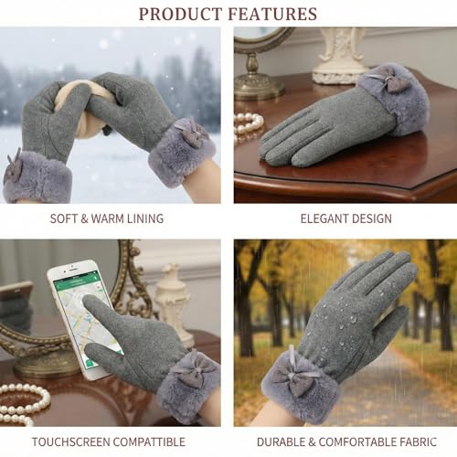 Image of Kraptick Women's Winter Woolen Gloves - Premium Thermal Fleece Lined Touchscreen Hand Warmer Gloves for Cold Weather, Cycling & Driving Soft Fur Cable Knit Elastic Mittens (Free Size, Purple Bow)-6