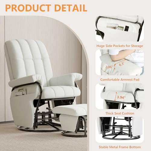 JIASTING 360° Swivel Leather Recliner Chair with Ottoman & Double Side Pockets, Nursing Glider Rocking Recliner Chair, Gliding Chairs for Nursery, Living Room, Office, Bedroom, Metal Frame (White) - Image 6