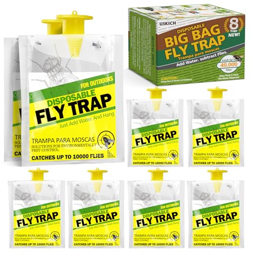 8 Pack Outdoor Hanging Fly Traps, Disposable Flies Killer Trap Bag Catcher with Natural Attractant...