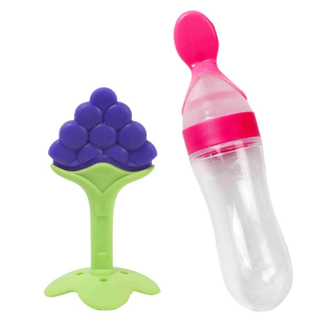 Muma's Love Baby Spoon Feeder +Teething Toys Pack of 2 - Silicone BPA Free Natural Organic Freezer Safe Teethers for Newborn Infant, Soft & Textured - Babies Shower Gift (Blue Teether Pink Feeder)