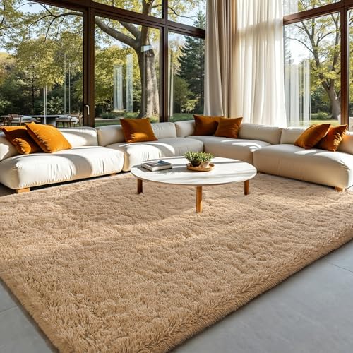 HOMORE Light Tan Fluffy Area Rug 5x8 Beige Shag Rugs for Bedroom Living Room, Super Soft and Comfy Carpet for Living Room, Cute Rugs and Carpets for Kids Nursery Girls Home Dorm Decor