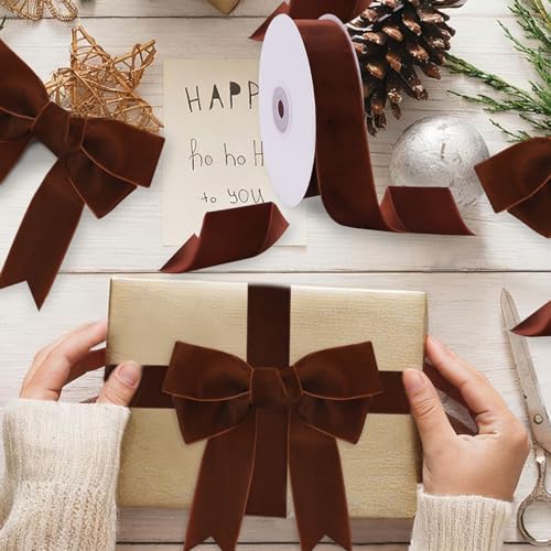 Image of Tsorode 10 Yards Brown Velvet Ribbon for Christmas Tree,1 1 /2 Inch