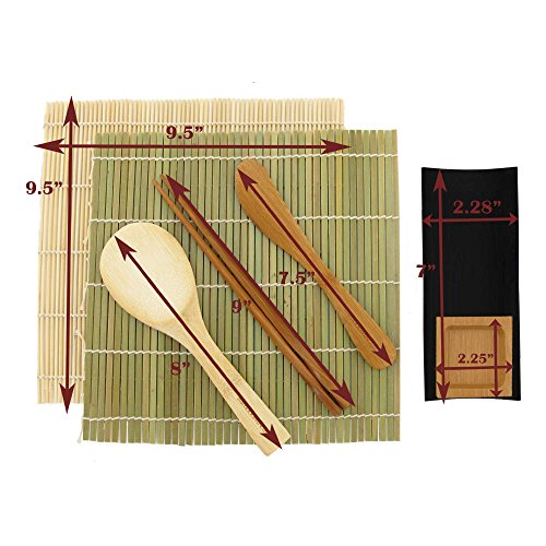 Bamboomn Sushi Making Kit With Serving Set - 2 Sushi Rolling Mats Makisu, Rice Paddle, Spreader, Black Serving Tray, Sauce Dish, And Chopsticks #TOP1