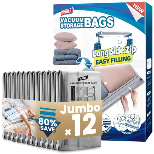 TAILI 12 Pack Vacuum Storage Bags, LONG SIDE ZIP (39x28 inch) Vacuum Seal Bags for Clothing, Jumbo Storage Space Saver for Beddings, Comforters, Blanket, Pillows and Clothes