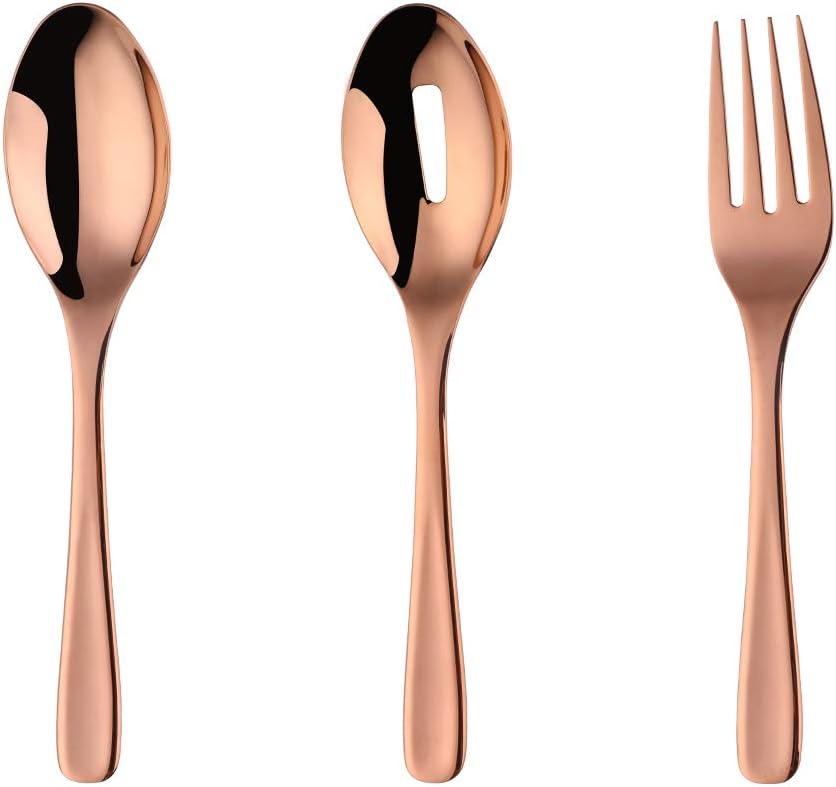 Bisda Stainless Steel Large Salad Serving Spoons x1, Salad Forks x1, Slottled Spoons x1, Rose Gold Coloured Salad Servers set 10.2inch length 3-piece Skimmer Slotted Serving Spoons Forks set