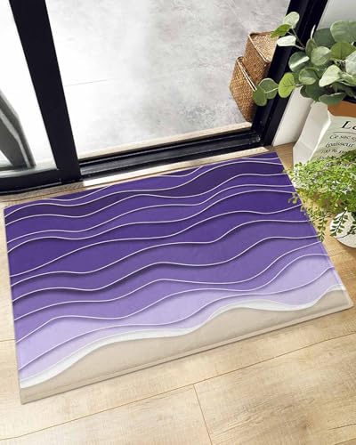 Indoor Doormat Abstract Purple Gradient Geometric Stripes,Shaggy Floor Mat with Non-Skid Backing Ocean Water Ripple,Machine Washable Plush Area Rug Carpets for Kitchen Nursery Bedroom