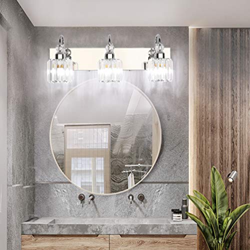 Image of Ralbay Modern LED Crystal Bathroom Vanity Lights 3-Lights Stainless Steel Crystal Vanity Lights Over Mirror Modern Crystal Bathroom Vanity Lighting Fixtures