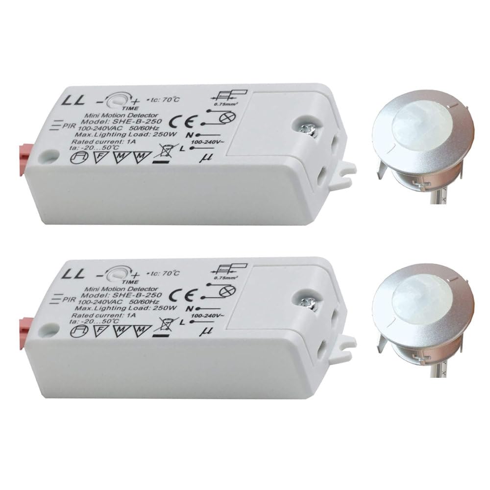 Britalia Silver 2 Pack - Round Fascia Pir Sensor Switch | Head Diameter 24.3Mm | 240 Volts | 250W Max Load | Adjustable Time Delay | 2.5M Range | 1.5M Cable
