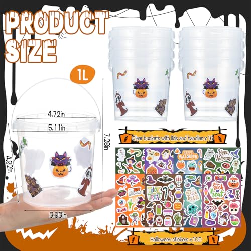 16 Pcs Halloween Candy Bucket Trick or Treat Baskets and 8 Sheets Halloween Stickers Cocktail Rum Buckets with Lid and Handle for Halloween Party Candy Drinks Food Container