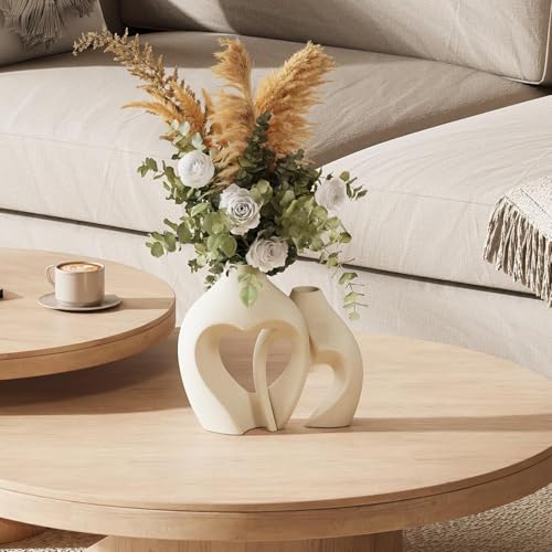 Image of PUREZENTO Unique White Donut Heart Ceramic Vase 8.3 & 6.9 Inch - Set of 2 | Decorative Heart Donut Vase for Dried Flowers & Pampas Grass | Vases for Modern Home Decor, Living Room, Office Decor Ideas