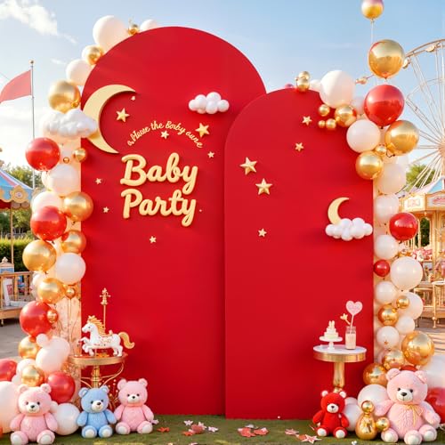 Image of Red Arch Cover 2 Set-7.2 and 6ft Red Arch Backdrop Cover Spandex Fitted Christmas Arch Stand Covers Stretchy Backdrop for Birthday Party Baby Shower Bridal Shower Wedding Banquet Photo Background