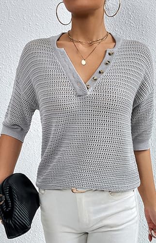 Image of Women's Hollow Out Half Sleeve Shirt Summer V Neck Knit Sweater Casual Loose Fit Pullover Top