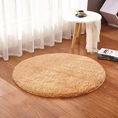 SMH Round Shaggy Carpet Plain Fur Rugs Under Chair 2x2 Feet Soft Microfiber 2 Inch Height Ivory Color (Brown)