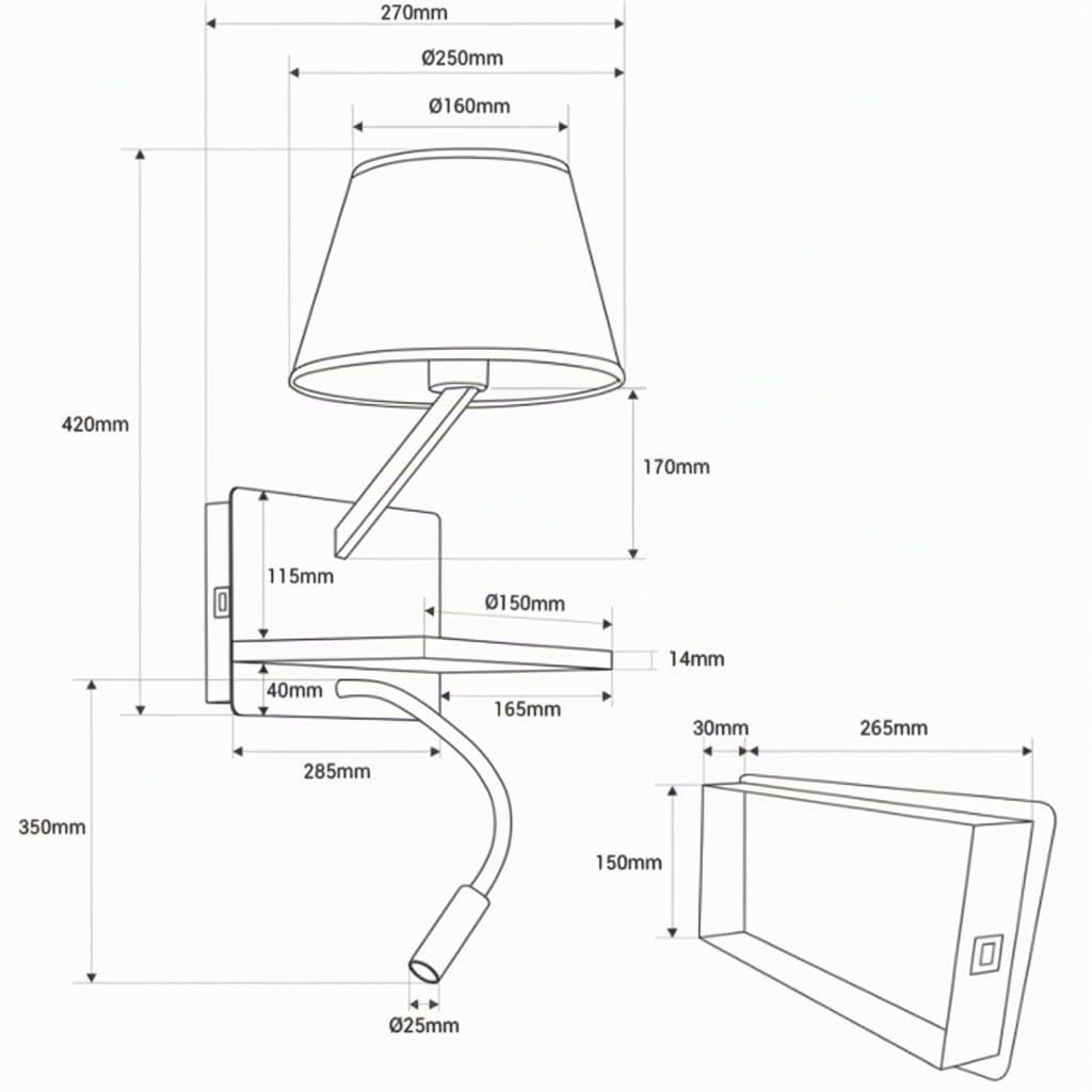 BARCELONA LED Applique da parete “Artin USB+USBC” con paralume E27, faretto LED orientabile 3W, mensola in legno e design moderno per camera da letto, testiera e hotel, Nero