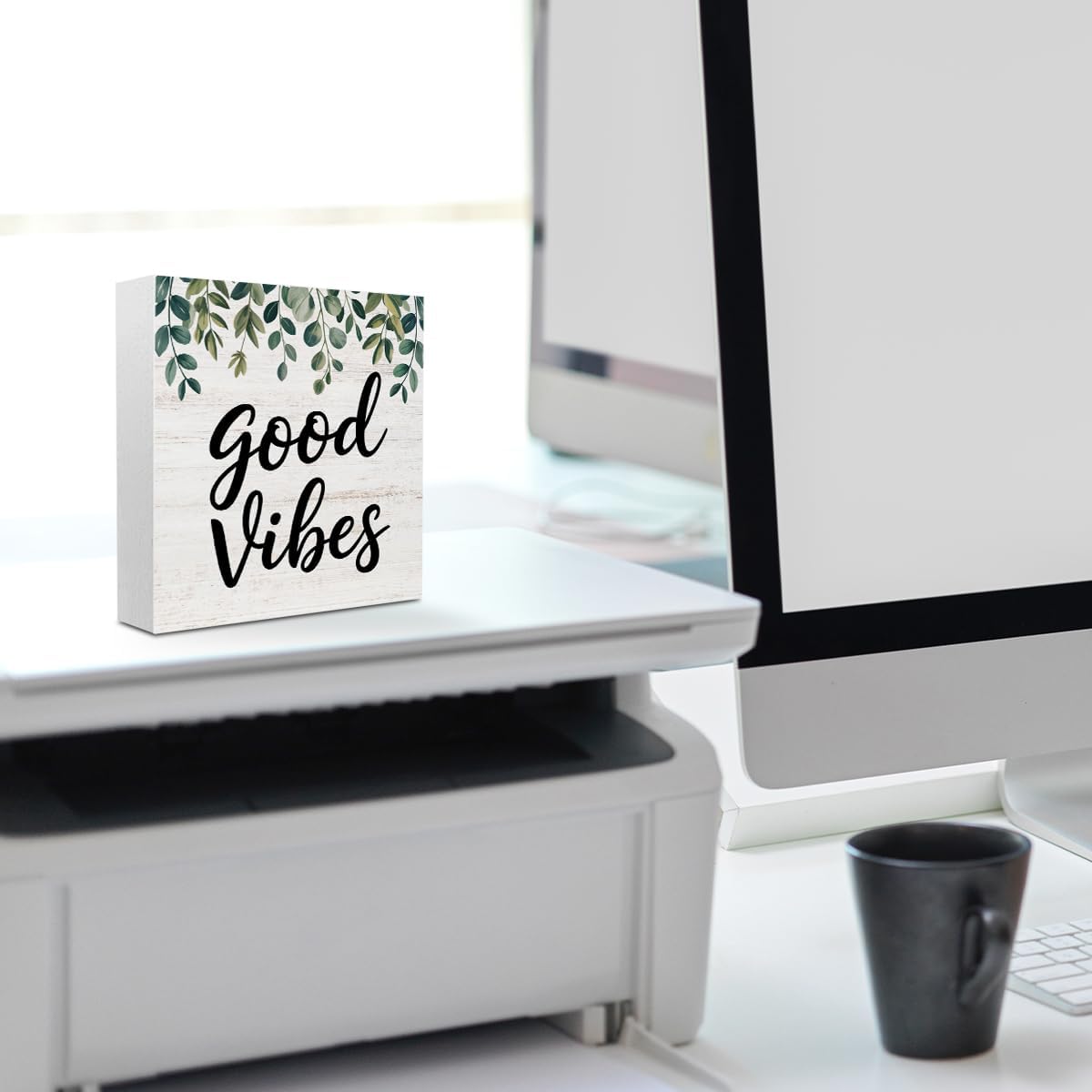 Botanical Eucalyptus Leaves Wood Box Sign Desk Decor, Good Vibes Rustic Eucalyptus Desk Decorative Signs for Home Office Table Shelf Cubicle Mental Health Wooden Block Box Sign - Image 6