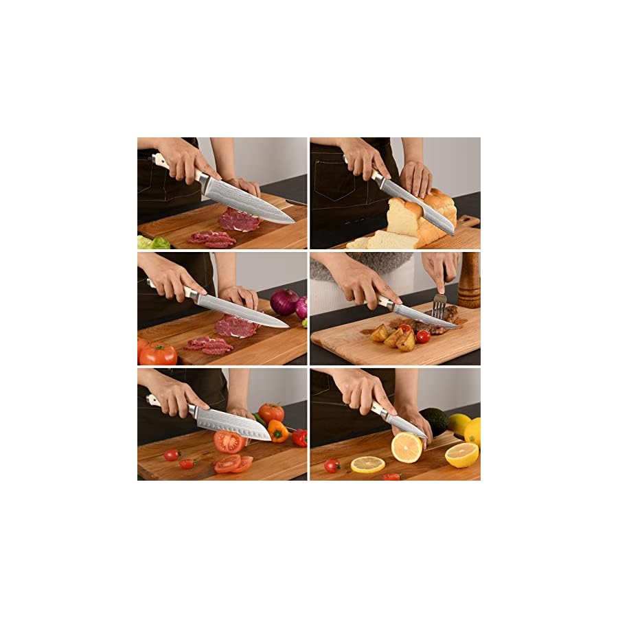 Knife Set, 14 Pieces Damascus Kitchen Knife Set with Block, ABS Ergonomic Handle for Chef Knife Set, Knife Sharpener and Kitchen Shears, Knife Block Set for Chopping, Slicing & Cutting