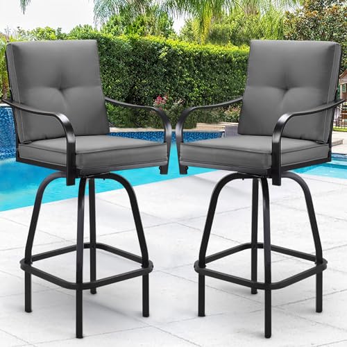 STRPRETTY BASIC Patio Swivel Bar Stools Set of 2, Outdoor Bar Height Patio Swivel Chairs with Cushion for Garden Balcony Backyard (Grey)