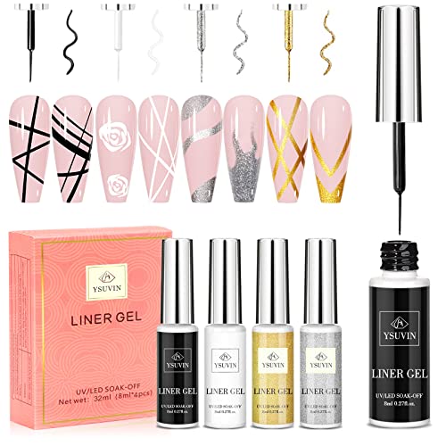 YSUVIN UV Gel Liner Ongles, 4PCS Vernis Semi Permanent Liner, Noir Blanc Or Argent Liner Gel Nail Art Pailleté Vernis à Ongles Soak Off UV/LED pour La Peinture au Trait Nail Art Design Vernis Liner Cover