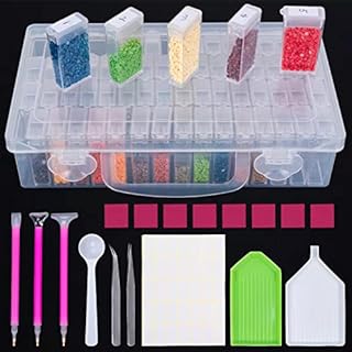 DONQL 64 Grids Diamond Painting Storage Boxes Diamond Painting Accessories Storage with 3 Drill Pens 2 Trays 1 Spoons and Labels 5D Diamond Painting Kits Storage Box for Adults or Kids (18Pcs Set)
