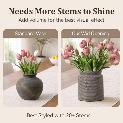 Ceramic Flower Vase 7.5 inch Farmhouse Rustic Vase for Home Decor Handcrafted Pottery Terracotta Vases for Dining Table Decor Fireplace Living Room Bathroom Wedding Centerpiece (M-Dark Gray) — view 4