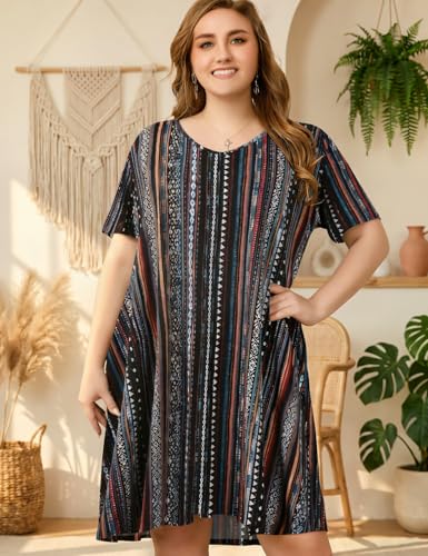 Image of OVERWORETY Womens Short Sleeve Plus Size T-Shirt Dress V Neck Casual Loose Swing A-Line Summer Tunic Dresses with Pockets
