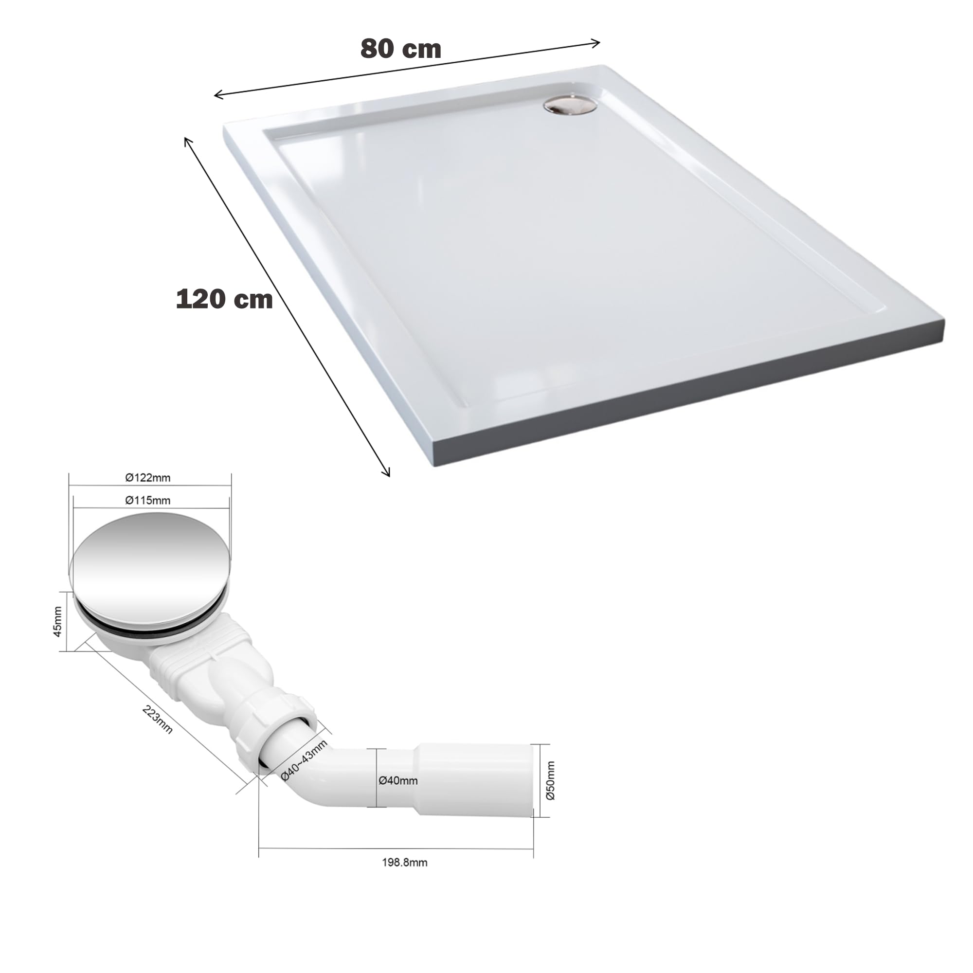 Plato de ducha 120 x 80 cm rectangular de acrílico en color blanco, plato de ducha plano, plato de ducha completo, incluye desagüe Ø 90 mm