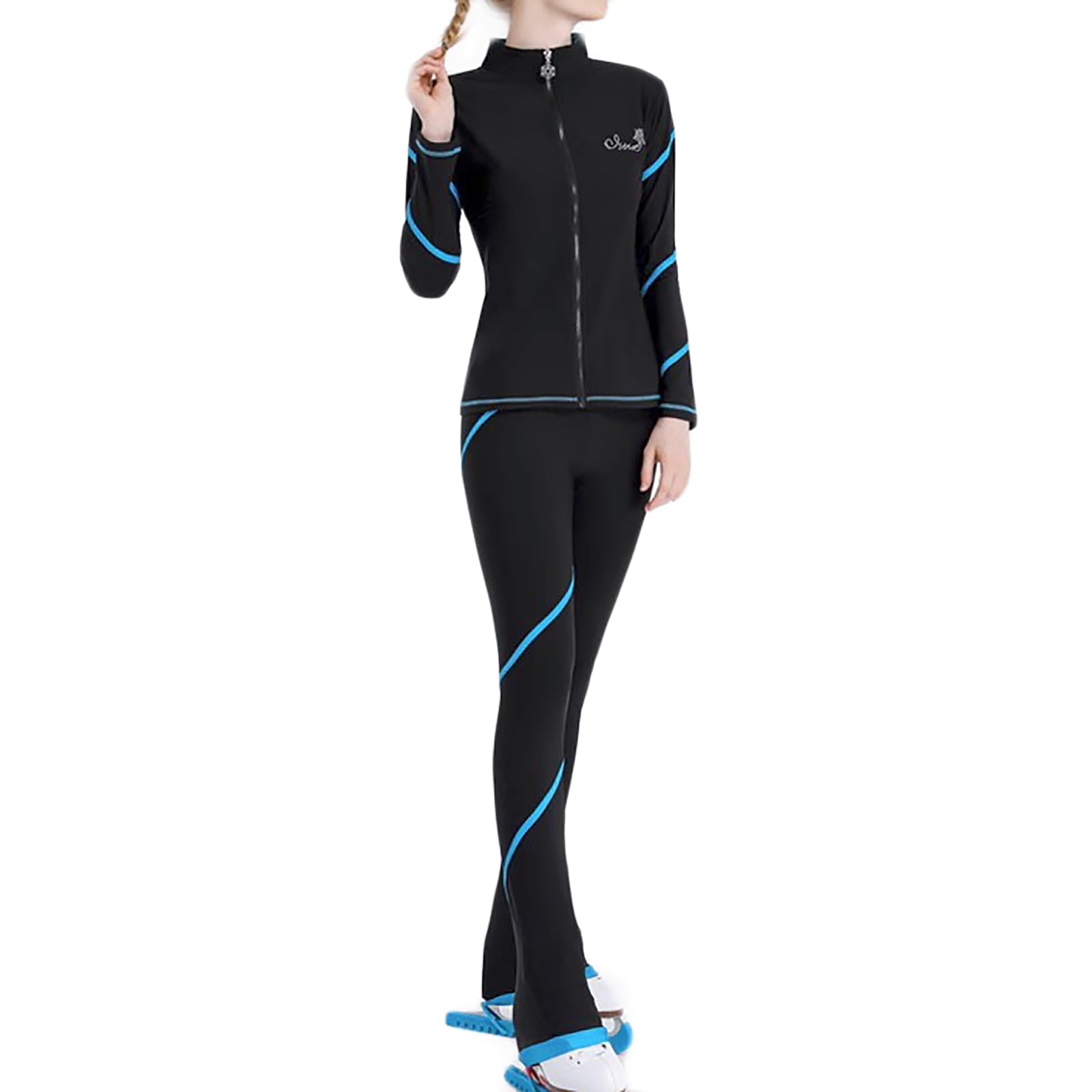 Patinaje Artístico Chaquetas y Pantalones con Espiral Entrenamiento Conjuntos Medias Patinaje sobre Cálido para Mujeres y Niñas(Size:XXL,Color:Azul)