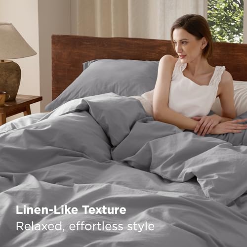 Bedsure 100% Washed Cotton Duvet Cover Queen Size - Gray Minimalist Cotton Duvet Cover Linen Like for All Seasons - GentleSoft™ Plain Simple Bedding (Gray, Queen, 90"x90")