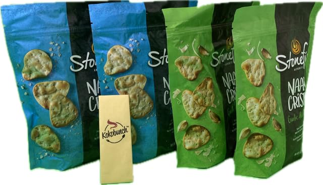 Kokobunch Variety Bundles Of Stonefire's Authentic Naan Crisps Flatbread Cracker 4 or 3 Assorted Pack (6oz, 2 Bags of Garlic And Cheese & 2 Bags of Sea Salt)