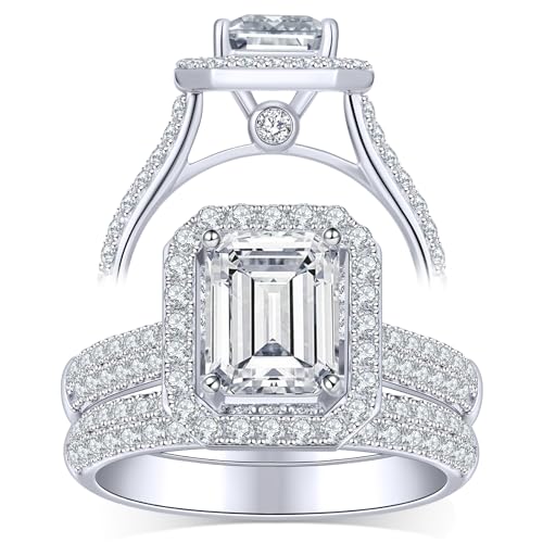 KSTYLE Total 3-4ct Center Stone 1/2/3ct Moissanite Wedding Set Rings for Women (D Color-VVS1 | Emerald/Round Cut) 14K White Gold Plated S925 Sterling Silver Bridal Sets for Wife