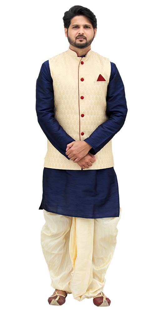 shubh mangalam Men's Kurta Golden Dhoti with Jacket Set (Navy Blue Gold, 42)-picture-4