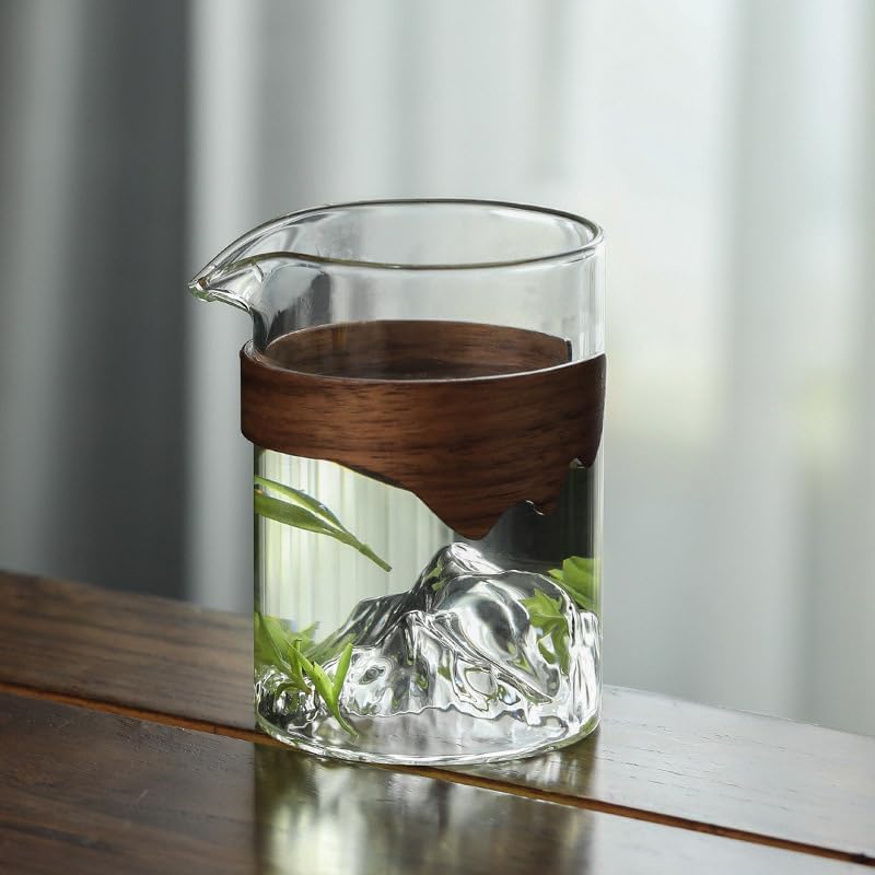 Ash & Roh® 350 ml Mountain Design Glass, Heat-Resistant with Removable Wooden Sleeve, Durable Clear Drinkware for Hot & Cold Beverages, Perfect for Barista & Home Use (Pack of 2) 3