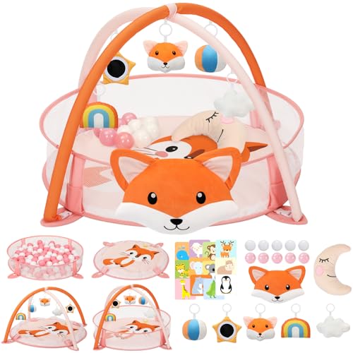 Image of 7-in-1 XL Large Baby Play Gym Mat, Tummy Time Mat, Baby Gym & Ball Pit, Baby Activity Mat with Milestone Cards & 5 Detachable Toys for Sensory Motor Skill Development, Fox