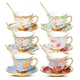 XRBEOU Tea Cups and Saucers, Tea Cup Set of 6, 8 OZ Floral Cups Porcelain Cup Set for Cappuccino, Coffee, Afternoon Tea Birthday Party Supply Christmas gift