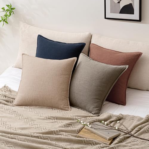 Image of Decorative Linen Solid Throw Pillow Covers 18x18 Inch Set of 2 Brown Tan Boho Accent Farmhouse Pillows Modern Neutral Home Decor for Couch Sofa Living Room Bed