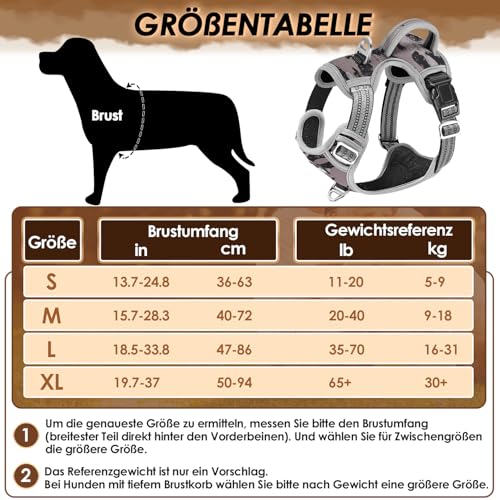 Eyein Hundegeschirr für Große Hunde, Anti Zug Brustgeschirr mit 2 Leinenclips und leicht zu bedienendem Griff, Verstellbare und reflektierende Gepolstert Geschirr für tägliches Training (Tarngrau, L)