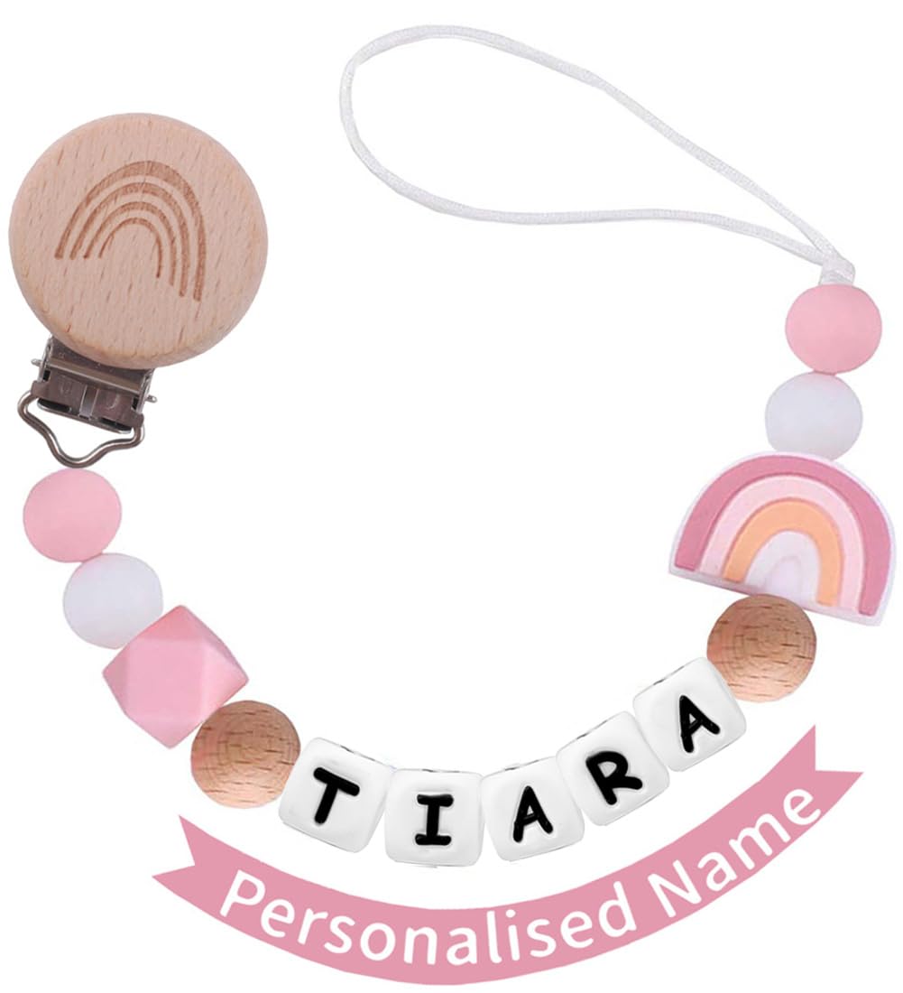 Personalized Pacifier Clip with Name Custom Stroller Clip Silicone Pacifier Chain Holder Clips (Rainbow)
