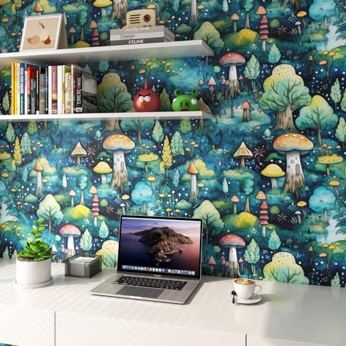 FunStick Teal Wallpaper for Living Room Modern Forest Mushroom Wall Paper Peel and Stick Wallpaper Blue Botanical Mushroom Green Patterned Vinyl Wrap for Walls Furniture Teal Sticky Back 44.5CMx3M - Image 3